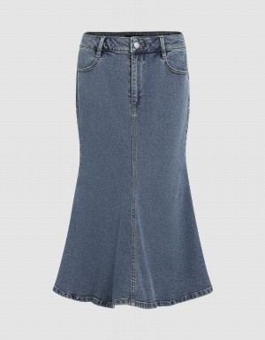 Blue Women's Urban Revivo Midi Fishtail Denim Skirts | DAM3898FA