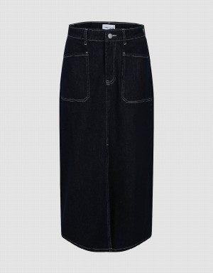 Blue Women's Urban Revivo Midi Straight Denim Skirts | CAW33100GL