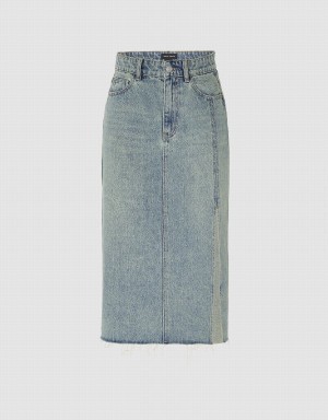 Blue Women's Urban Revivo Midi Straight Denim Skirts | MSK7371ER