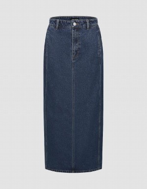 Blue Women's Urban Revivo Midi Straight Denim Skirts | UDW835WA