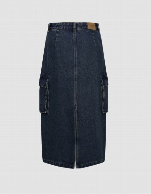 Blue Women's Urban Revivo Midi Straight Denim Skirts | RLA8422UE