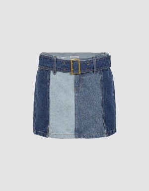 Blue Women's Urban Revivo Mini A-Line Denim With Belt Skirts | YNF6838PS