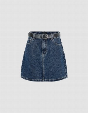 Blue Women's Urban Revivo Mini A-Line Denim With Belt Skirts | ZRM8097OO