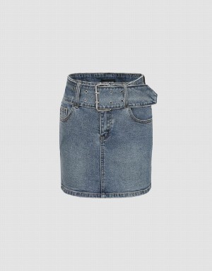 Blue Women's Urban Revivo Mini Skinny Denim Skirts | OUS6066DI