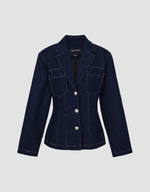 Blue Women's Urban Revivo Notch Lapel Denim Shirts | HCH6490TT