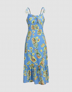 Blue Women's Urban Revivo Pineapple Print Tie Strap Ruffle Hem Cami Dress | NPK2887TY