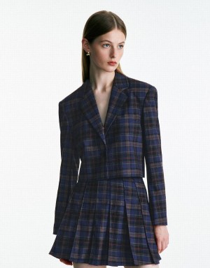 Blue Women's Urban Revivo Plaid Cropped Checkered Blazers | FQN279EF