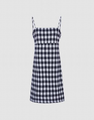 Blue Women's Urban Revivo Plaid Knitted Cami Checkered Dress | SHX9485SR