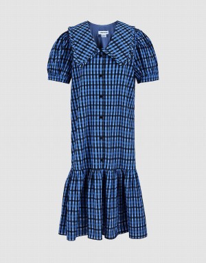 Blue Women's Urban Revivo Plaid Puff Sleeve Ruffle Hem Checkered Dress | WGP6551KZ