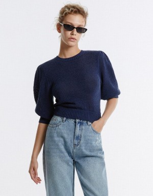 Blue Women's Urban Revivo Plain Cropped Sweaters | UJZ5811JY