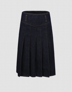 Blue Women's Urban Revivo Pleated Midi A-Line Denim Skirts | VUE3227WW