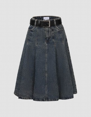 Blue Women's Urban Revivo Pleated Mini A-Line Denim Skirts | YJN4189JP