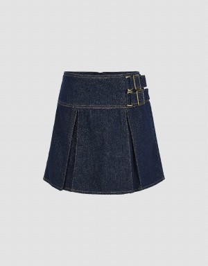 Blue Women's Urban Revivo Pleated Mini Denim Skirts | LAI9567HJ