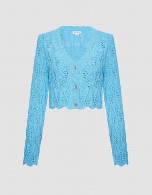 Blue Women's Urban Revivo Pointelle Button Up Cardigan | JGG3598TN