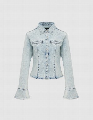 Blue Women's Urban Revivo Press Button Denim Shirts | WHZ9982ZE