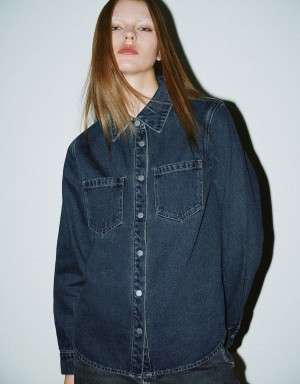 Blue Women's Urban Revivo Press Buttoned Denim Shirts | CQE498YI