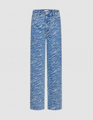 Blue Women's Urban Revivo Printed Flare Jeans | CLY6983JO