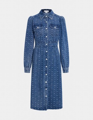 Blue Women's Urban Revivo Puff Sleeve Button Up Denim Dress | NAP1053XH