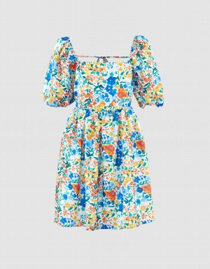 Blue Women's Urban Revivo Puff Sleeve Floral Print Dress | IVU8385YB