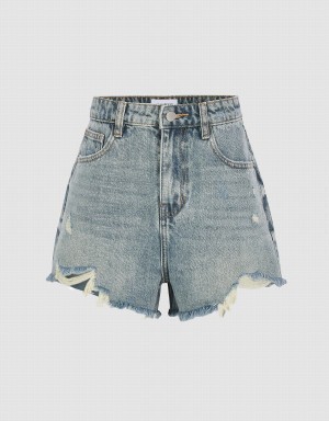 Blue Women's Urban Revivo Raw Hem Denim Shorts | FLI9655EW