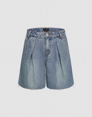 Blue Women's Urban Revivo Raw Hem Denim Shorts | IXE7074VV