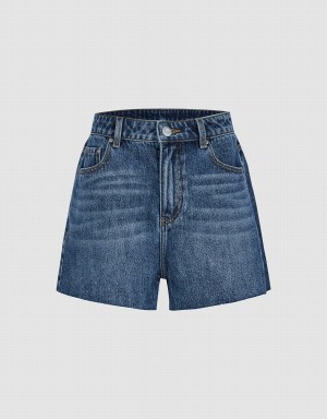 Blue Women's Urban Revivo Raw Hem Denim Shorts | QPN1529KN