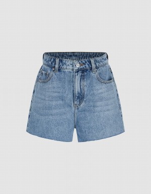 Blue Women's Urban Revivo Raw Hem Denim Shorts | VFP3211TH