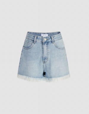 Blue Women's Urban Revivo Raw Hem Denim Shorts | LBF988OQ