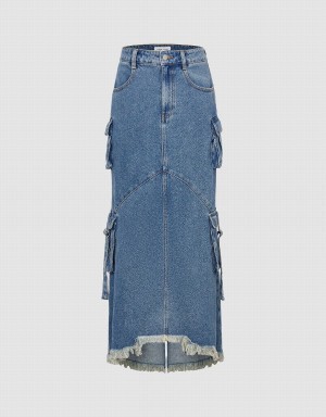 Blue Women's Urban Revivo Raw Hem Denim With Pockets Skirts | FPQ9174AZ