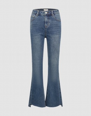 Blue Women's Urban Revivo Raw Hem Flare Jeans | FSE8838CO