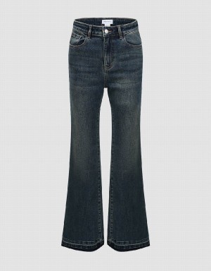 Blue Women's Urban Revivo Raw Hem Flare Jeans | GQW7164RF