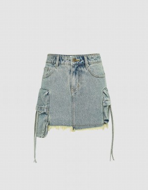 Blue Women's Urban Revivo Raw Hem Mini Denim Skirts | BCH9929DL