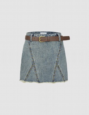 Blue Women's Urban Revivo Raw Hem Mini Denim Skirts | VRV7319AT