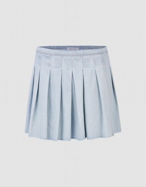 Blue Women's Urban Revivo Raw Hem Pleated Mini Denim Skirts | LKF5380XZ