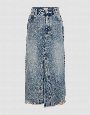 Blue Women's Urban Revivo Raw Hem Split A-Line Denim Skirts | KAP8726JB