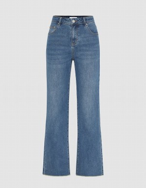 Blue Women's Urban Revivo Raw Hem Straight Jeans | CRI6976OL