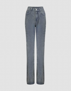 Blue Women's Urban Revivo Rhinestone Decor Flare Jeans | VCJ9798DX