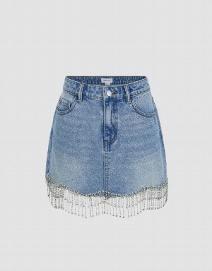 Blue Women's Urban Revivo Rhinestone Hem Mini Straight Denim Skirts | CDS221PN