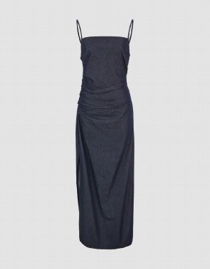 Blue Women's Urban Revivo Ruched Midi Denim Dress | FYQ8737BE