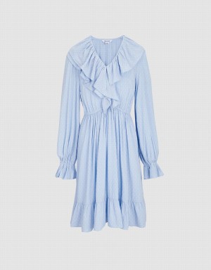 Blue Women's Urban Revivo Ruffle Hem V Neck Dress | MPH5343YT