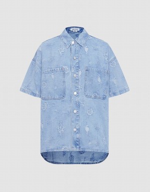 Blue Women's Urban Revivo Seashell Patched Pocket Denim Shirts | ISC9844DX