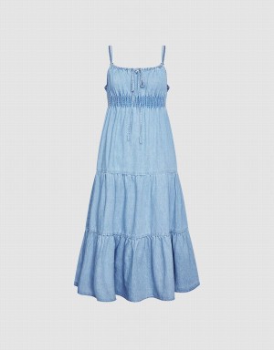 Blue Women's Urban Revivo Shirred Waist Tiered Cami Denim Dress | SLN8777MI