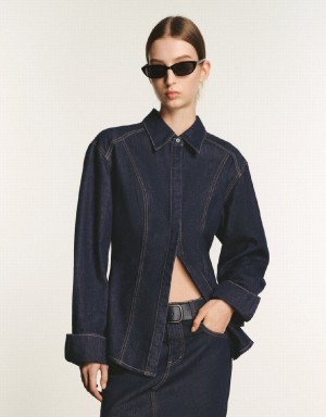 Blue Women's Urban Revivo Skater Denim Shirts | IPU879BD