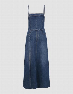 Blue Women's Urban Revivo Skinny Off-Shoulder Denim Cami Dress | CDS9942SW