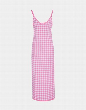 Blue Women's Urban Revivo Sleeveless V-Neck Knitted Checkered Dress | EJW6234IO