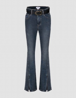 Blue Women's Urban Revivo Split Hem Flare With Belt Jeans | CZW7979LC