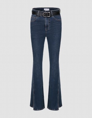 Blue Women's Urban Revivo Split Hem Flare With Belt Jeans | VUS7016TY