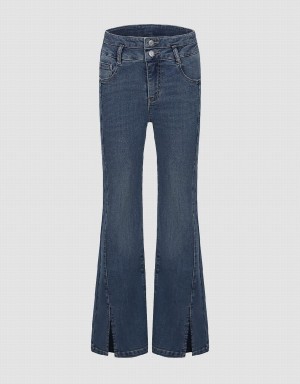 Blue Women's Urban Revivo Split Hem Flare Jeans | YFL6491LD