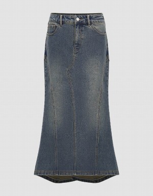 Blue Women's Urban Revivo Split Hem Midi Fishtail Denim Skirts | FTE229JC