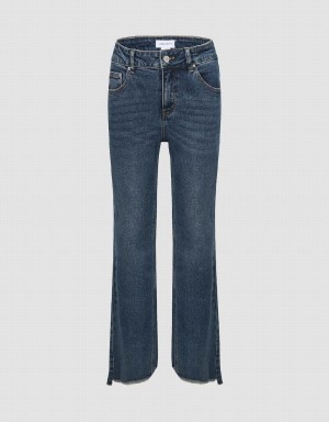 Blue Women's Urban Revivo Split Hem Straight Jeans | WCQ8973MR